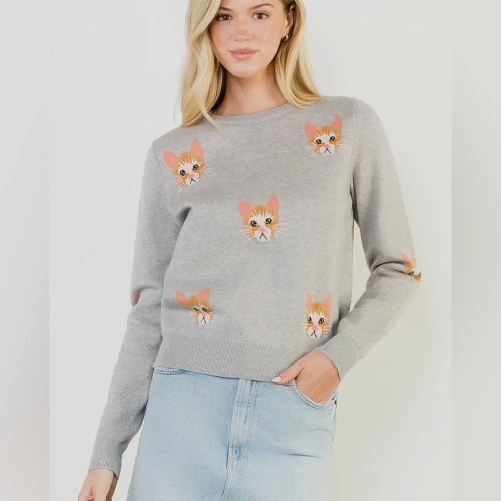 THML, Heather Gray Jacquard Cat Pattern Knit Sweater, s m l